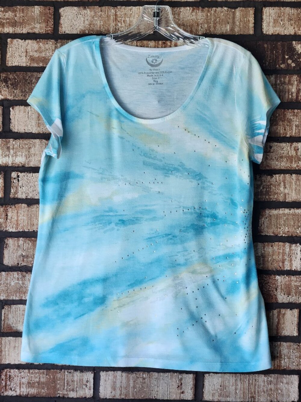 Chico's Zenergy Abstract Blue Short Sleeved Shirt Rhinestone Accent Size 1
